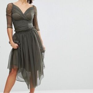 Olive green tulle two-piece top A-line skirt bow Balletcore Wedding Fairy Sheer